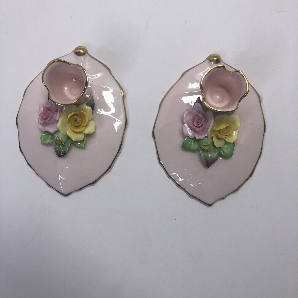 Vintage Denton Hand Modelled Best Bone China Candle Holders Pink w/Flowers